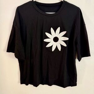 Black Top with White Embroidered Daisy Design, Size Large